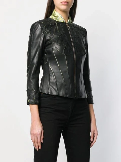 Shop Versace Baroque Stencil Cut Leather Jacket In Black