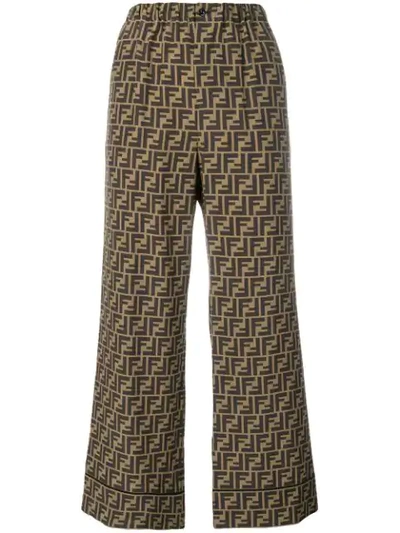 Shop Fendi Ff Logo Silk Trousers In Brown