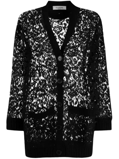 Shop Valentino Knitted Lace Cardigan In Black