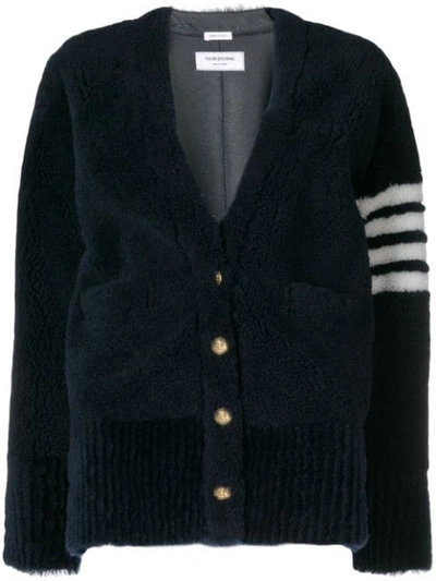 Shop Thom Browne 4-bar Shearling Cardigan Jacket In 415 Navy