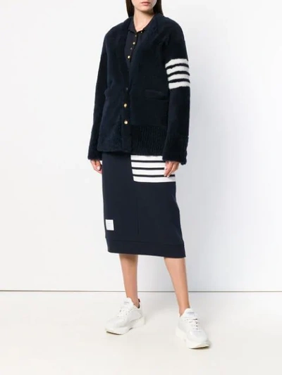 THOM BROWNE 4 条纹饰皮毛领开衫夹克 - 蓝色