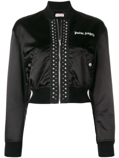 Shop Palm Angels Cropped Satin Bomber Jacket In Black