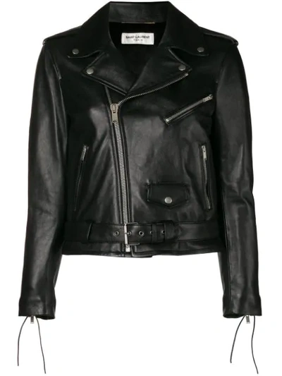 Shop Saint Laurent Cropped Biker Jacket In Black