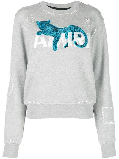 Shop Amiri Leopard Crew Neck Sweatshirt In Grey