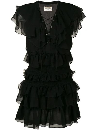 Shop Saint Laurent Ruffle Mini Dress In Black