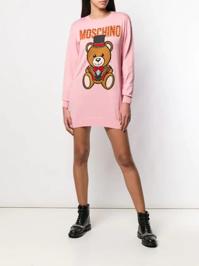 Shop Moschino Knitted Bear Sweater Dress In Pink