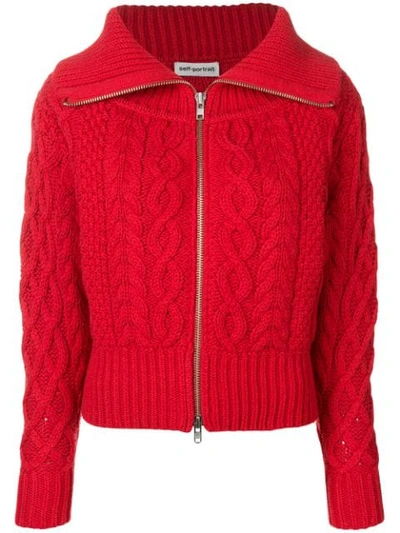 Shop Self-portrait Chunky Cable Knit Cardigan - Red