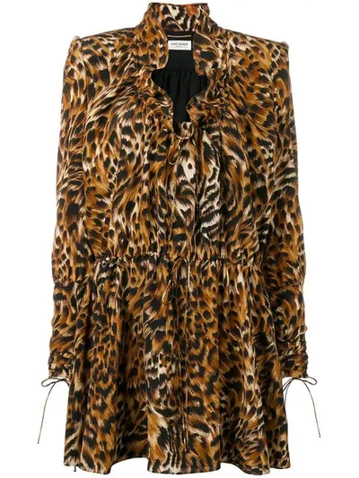 Shop Saint Laurent Leopard Print Silk Dress In Brown