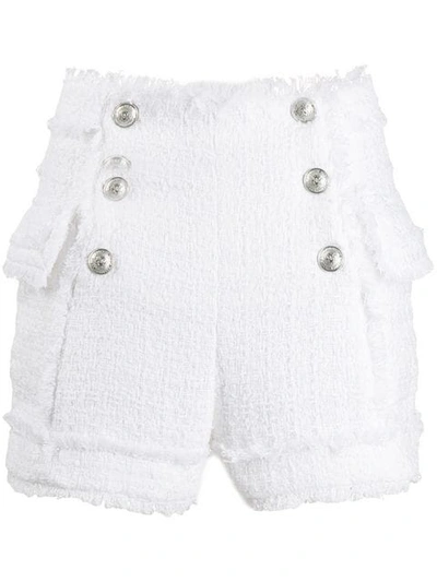 Shop Balmain Double Breasted Tweed Shorts In 0fa Blanc