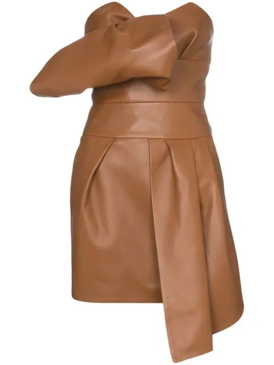 Shop Alexandre Vauthier Strapless Leather Mini Dress In Brown