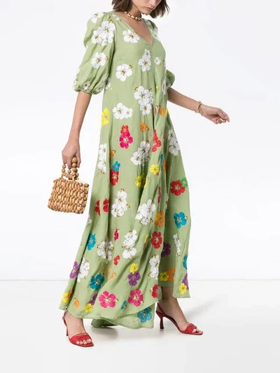 Shop All Things Mochi Tila Floral-embroidered Linen Maxi Dress In Green