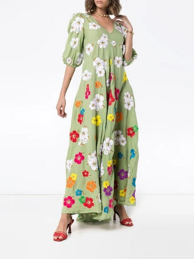 Shop All Things Mochi Tila Floral-embroidered Linen Maxi Dress In Green