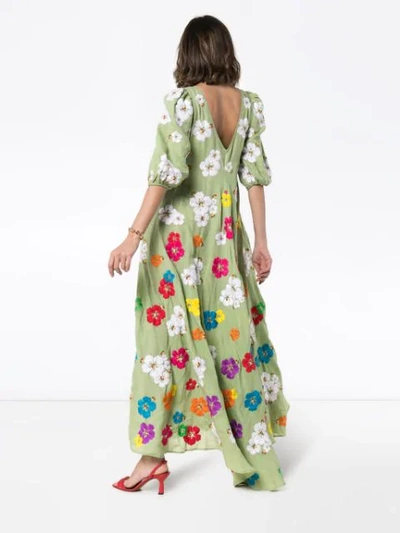 Shop All Things Mochi Tila Floral-embroidered Linen Maxi Dress In Green