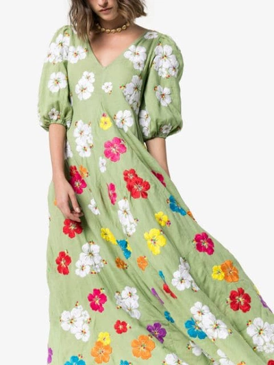 Shop All Things Mochi Tila Floral-embroidered Linen Maxi Dress In Green