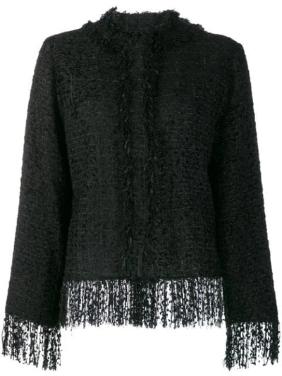 Shop Msgm Fringed Tweed Jacket In Black