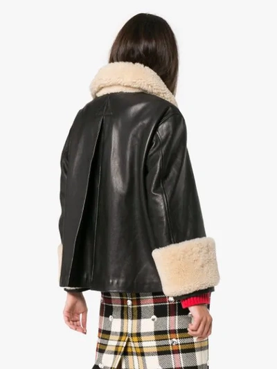 Shop Gucci Logo Patch Shearling Trim Leather Bomber Jacket In Black