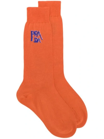Shop Prada Contrast Logo Socks In Orange