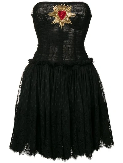 Shop Dolce & Gabbana Plumetis Bustier Dress With Sacred Heart Patch In Black
