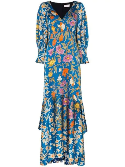 Shop Peter Pilotto Hammered Silk Floral Print Maxi Dress In Blue