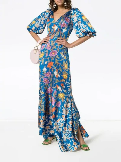 Shop Peter Pilotto Hammered Silk Floral Print Maxi Dress In Blue