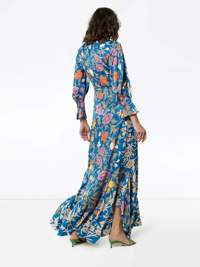 Shop Peter Pilotto Hammered Silk Floral Print Maxi Dress In Blue