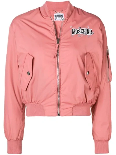 Shop Moschino Zipped Logo Bomber Jacket In Pink