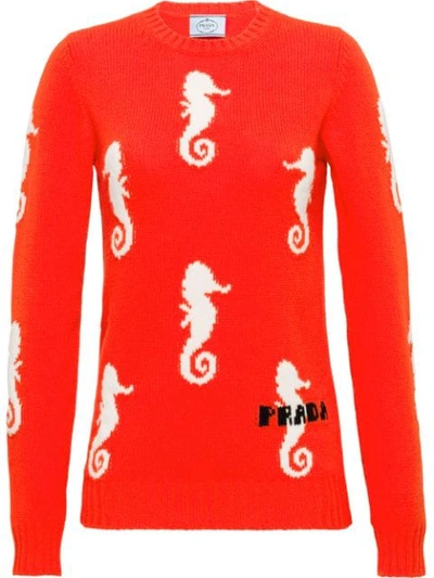 Shop Prada Jacquard Seahorse Knit Sweater - Orange