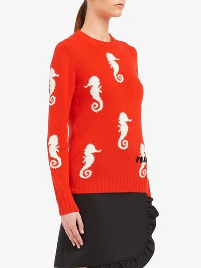 Shop Prada Jacquard Seahorse Knit Sweater - Orange
