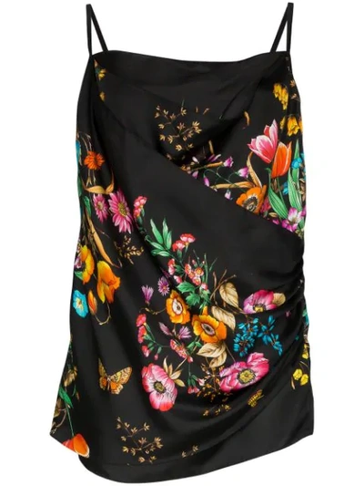 Shop Gucci Draped Silk Floral Print Cami In Black