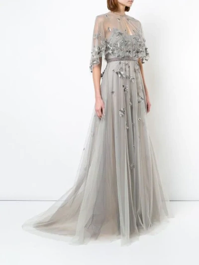 Shop Marchesa Notte Embroidered Cape Gown In Silver