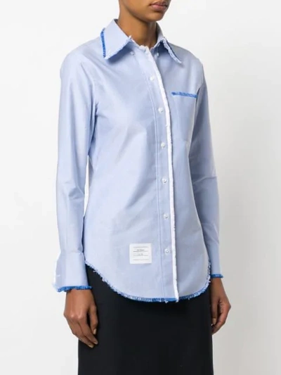 Shop Thom Browne Classic Long Sleeve Button Down Point Collar Shirt W/ Fray In Solid Oxford W/ Engineered In Blue