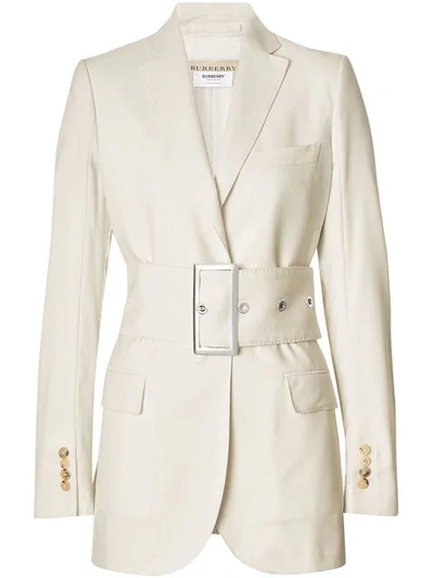 Shop Burberry Wool Belted Blazer In White