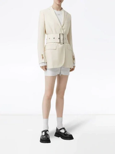 Shop Burberry Wool Belted Blazer In White