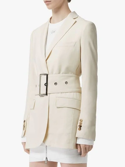 Shop Burberry Wool Belted Blazer In White