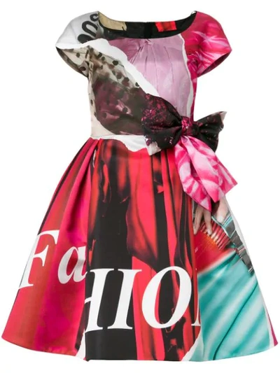 Shop Moschino Flared Printed Bow Dress In Pink