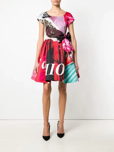Shop Moschino Flared Printed Bow Dress In Pink
