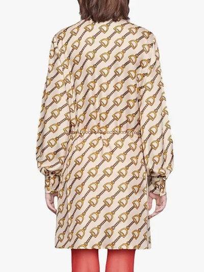 Shop Gucci Silk Dress With Stirrups Print In Neutrals