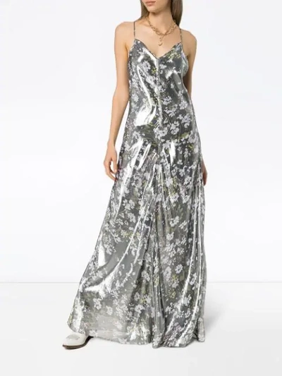 Shop Ganni Metallic Floral Maxi Dress In Grey