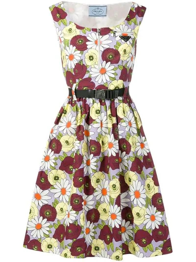 PRADA FLORAL PRINT FLARED DRESS - 红色