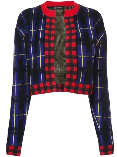 Shop Versace Knitted Check Cardigan - Blue