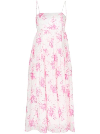 Shop Les Rêveries Strappy Floral Print Pleated Cotton Midi Dress In White