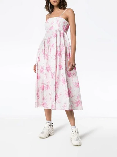 Shop Les Rêveries Strappy Floral Print Pleated Cotton Midi Dress In White