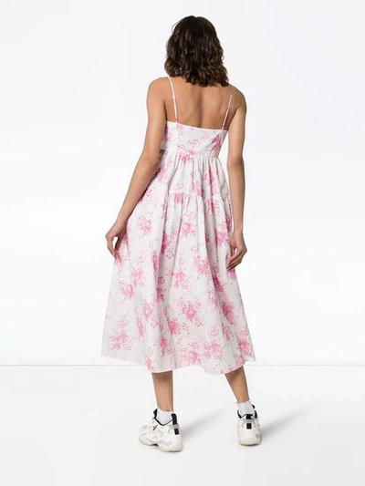 Shop Les Rêveries Strappy Floral Print Pleated Cotton Midi Dress In White