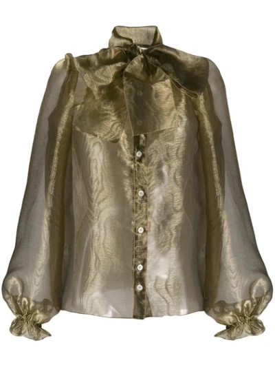Shop Dolce & Gabbana Sheer Pussy Bow Blouse In Green