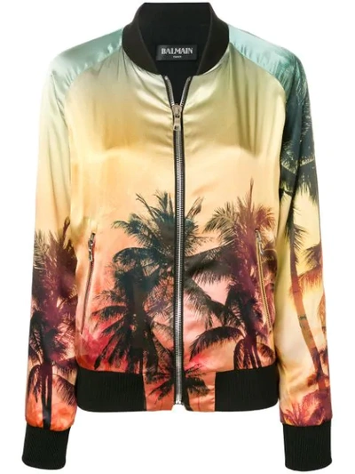 Shop Balmain Sunset Print Bomber Jacket In Yellow