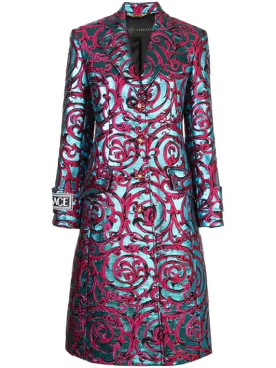Shop Versace Botanical Embroidered Coat In Blue ,pink