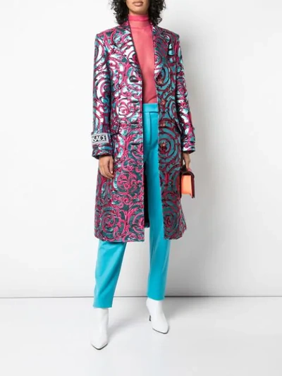 Shop Versace Botanical Embroidered Coat In Blue ,pink