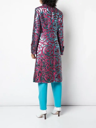 Shop Versace Botanical Embroidered Coat In Blue ,pink