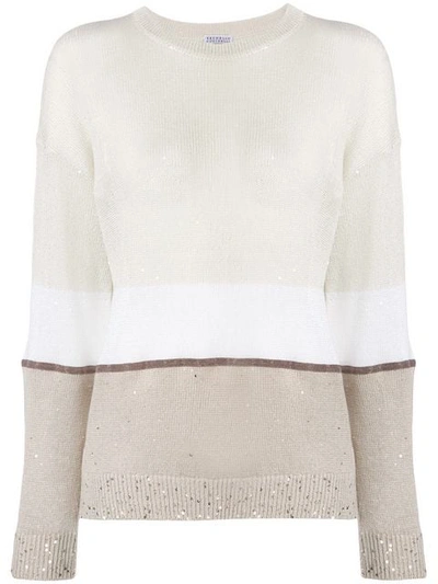 Shop Brunello Cucinelli Panelled Sequin Knitted Jumper In Neutrals