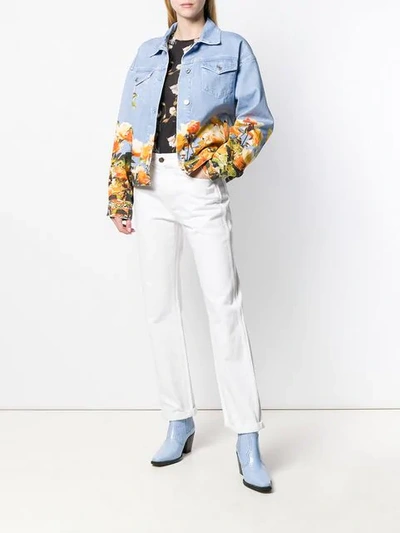 Shop Msgm Floral Print Denim Jacket In Blue